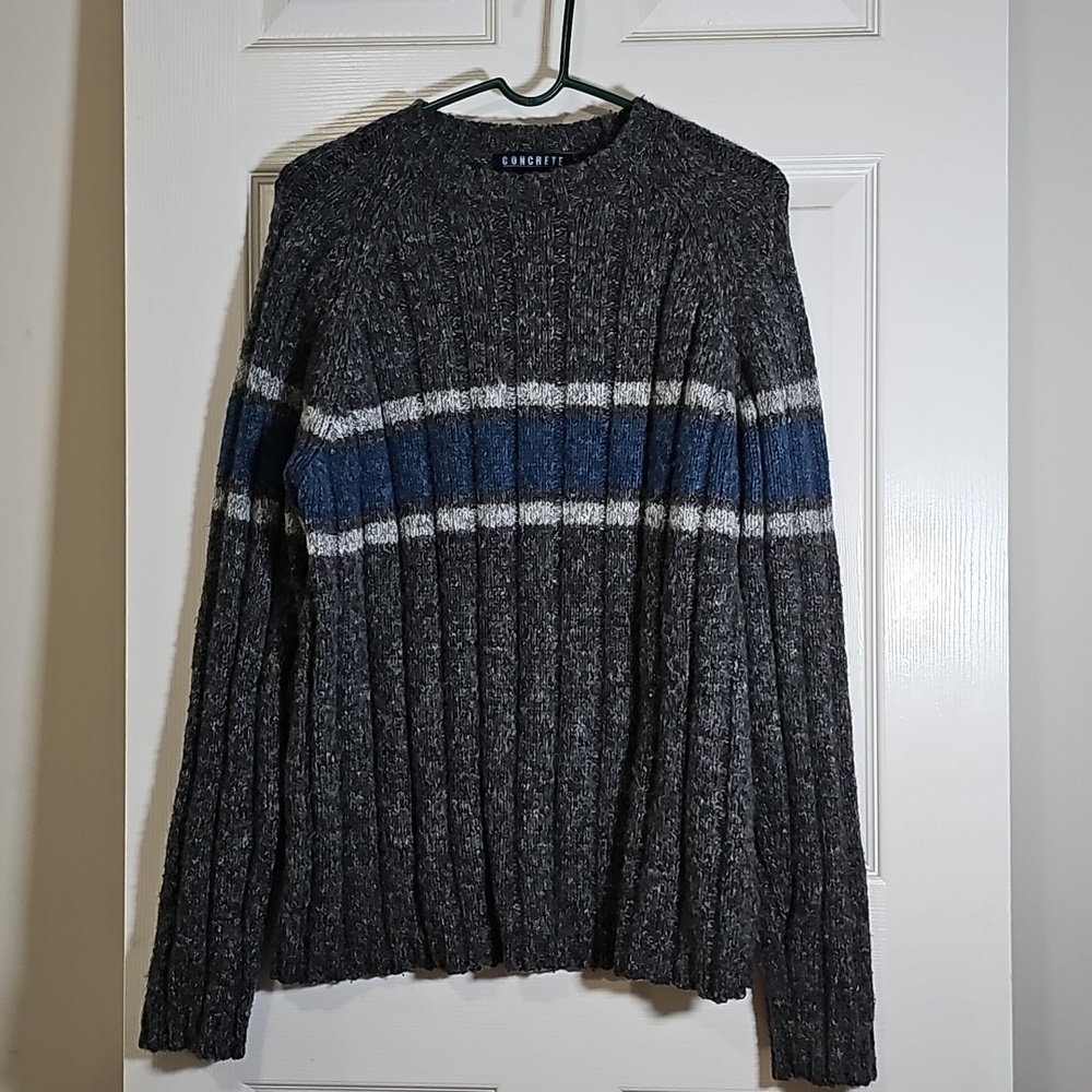Vintage Concrete Mix Chunky Knit Wool Blend Gray Stripe Sweater Men's Size M